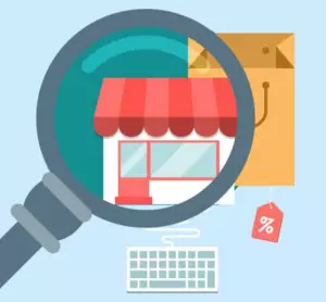 Illustration of a magnifying glass focusing on a small storefront with a red and white striped awning. Behind the storefront is a shopping bag and a red percentage tag, and below the magnifying glass is a computer keyboard.