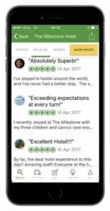 A smartphone display shows a TripAdvisor app screen with three hotel reviews for The Milestone Hotel. The top review is titled "Absolutely Superb!" with a five-star rating. The other two reviews, equally positive with five-star ratings, also praise the hotel highly.