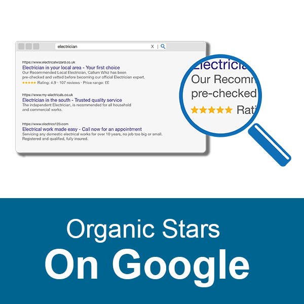 A graphic showing a browser window with a Google search result for "electrician." One result is highlighted with a magnifying glass, emphasizing "Our Recommended pre-checked Electrician" with a 5-star rating. The bottom text reads "Organic Stars On Google.