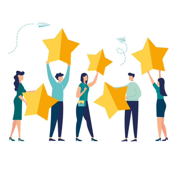 Illustration of five people holding large yellow stars. Two paper airplanes are flying above them. The background is plain white. The individuals appear to be celebrating or acknowledging an achievement.