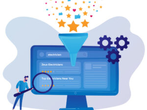 Illustration of a person with a magnifying glass examining a computer screen displaying a search for electricians. Stars and symbols flow from a funnel above the screen. Three gears are depicted beside the monitor, portraying the concept of filtering search results.
