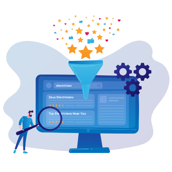 Illustration of a person with a magnifying glass examining a computer screen displaying a search for electricians. Stars and symbols flow from a funnel above the screen. Three gears are depicted beside the monitor, portraying the concept of filtering search results.