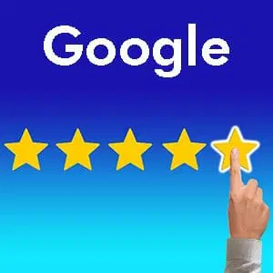 A hand is pointing to the fifth star in a row of five stars on a blue background with the word "Google" written above in white text. This image represents a five-star rating system.
