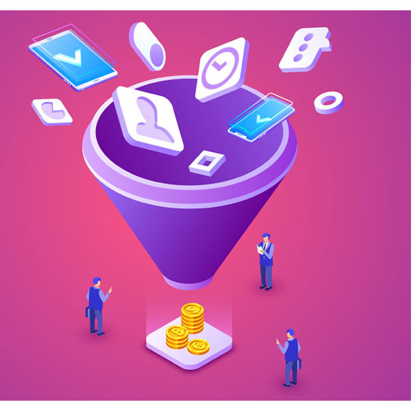 Illustration of a sales funnel. At the top, various icons such as profiles, messages, and checkmarks enter the wide opening. Three people stand around the funnel, and gold coins emerge from the narrow end at the bottom, indicating conversion. The background is pink.