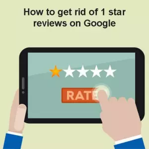 An illustration shows a person holding a tablet displaying a one-star review with the text "How to get rid of 1 star reviews on Google." A finger is about to press a large "RATE" button, implying the action of rating or altering the review.