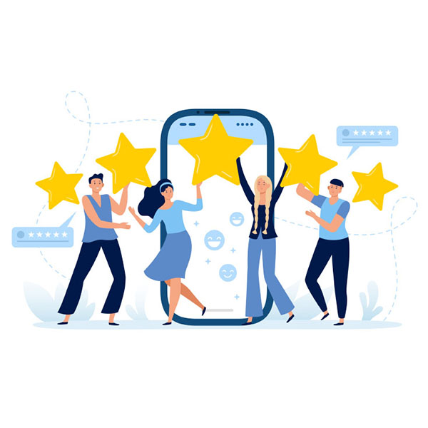 Illustration of four people holding large yellow stars around a giant smartphone, depicting a positive rating or review. The smartphone screen displays smiling faces and stars, while speech bubbles with star ratings float around, symbolizing feedback and satisfaction.