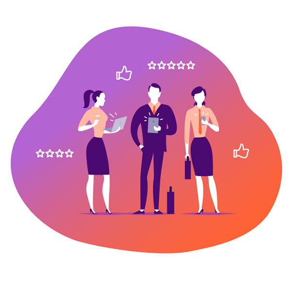 An illustration of three business professionals standing on orange and purple abstract background. One holds a laptop, the middle person holds a tablet, and the third has a briefcase. Thumbs up icons and star ratings are depicted around them.