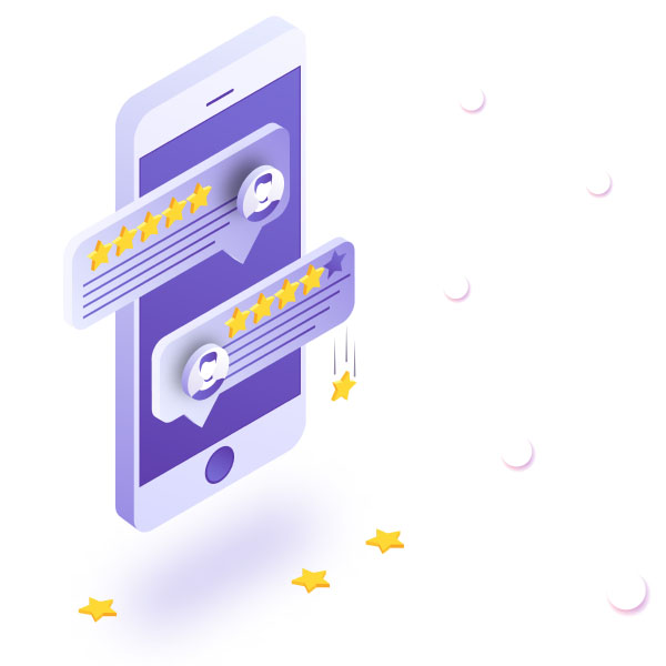 Isometric illustration of a smartphone displaying two chat bubbles. Each chat bubble contains white text lines and a 5-star rating. One star is falling away from the lower chat bubble. Scattered stars are falling below the phone. The background is white.