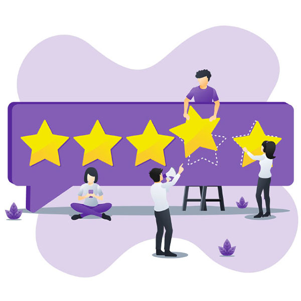 Illustration of four people interacting with a large five-star rating system. Three stars are fully colored; one person is adding the fourth star and another is working on the fifth. Two people are standing and pointing, while another is sitting and looking at a device.
