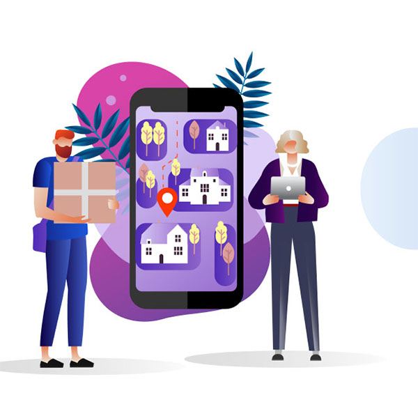 Illustration of a delivery person holding a package and a woman with a tablet. Between them is a large smartphone displaying a map with location markers and houses. The background contains abstract shapes and leaves.
