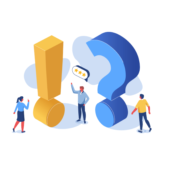 Three people are standing around large, 3D representations of a yellow exclamation mark and a blue question mark. One person is holding a small rectangular sign. The background features soft blue clouds, giving a whimsical and problem-solving atmosphere.