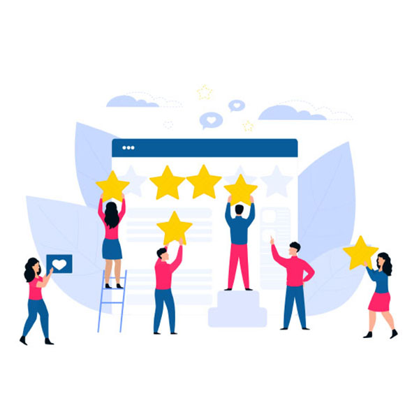 Illustration of five people interacting with a giant browser window displaying a five-star rating. One person stands on a pedestal holding a star, another lifts a star on a ladder, and others hold or gesture towards stars, symbolizing positive feedback and reviews.