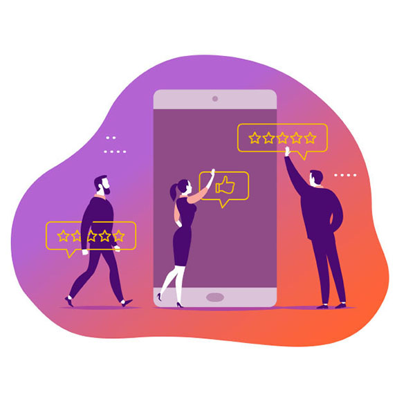 Illustration of three people interacting with a large smartphone. One person gives a thumbs up, while the other two provide star ratings with speech bubbles; one holds a five-star rating, and the other walks with a three-star rating. The background is a gradient of purple and orange.