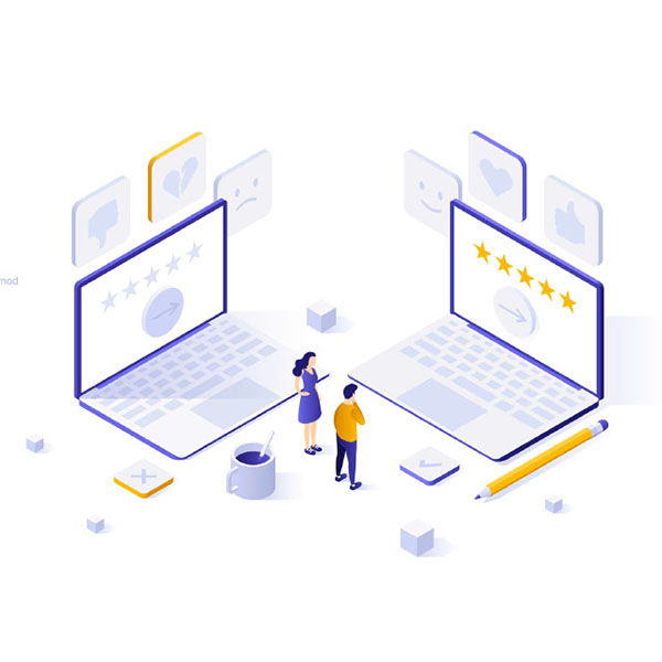 Illustration of two people standing between two laptops; one shows a 2-star rating screen, the other shows a 5-star rating screen. Various icons such as thumbs up and thumbs down float above the laptops. A large pencil is positioned beside the laptops.