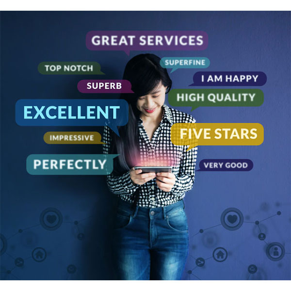 A woman in casual attire, standing against a blue background, looks at a glowing tablet. Surrounding her are positive review words and phrases like "EXCELLENT," "FIVE STARS," "SUPERB," "HIGH QUALITY," and "PERFECTLY," indicating satisfaction and high quality.