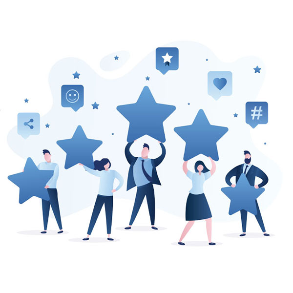 Illustration of five people holding large stars surrounded by social media icons, such as a smiley face, heart, share symbol, and hashtag. The background features abstract shapes and small stars scattered around, creating a dynamic and engaging scene.