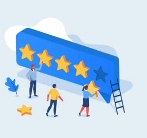 People Characters Giving Five Star Feedback. Clients Choosing Satisfaction Rating and Leaving Positive Review. Customer Service and User Experience Concept. Flat Isometric Vector Illustration.