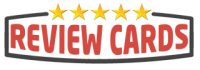 Logo featuring the text "REVIEW CARDS" in bold, red capital letters, framed by a black outline. Above the text are five yellow stars, suggesting a high rating or quality.