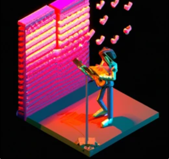 A colorful, abstract 3D rendering of a person reading from a book with floating, glowing pages. The scene features striking neon colors and a dark background, with scattered papers around the person's feet and a reflective wall behind them. Boost your online presence with Google reviews seamlessly woven into the visual masterpiece.