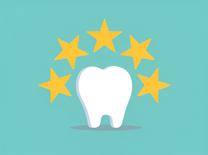 Illustration of a white tooth with five yellow stars arranged in an arch above it, set against a teal background. The image suggests top-rated dental care or exceptional dental services, ideal for highlighting tips on how to handle negative customer reviews for dental practices.