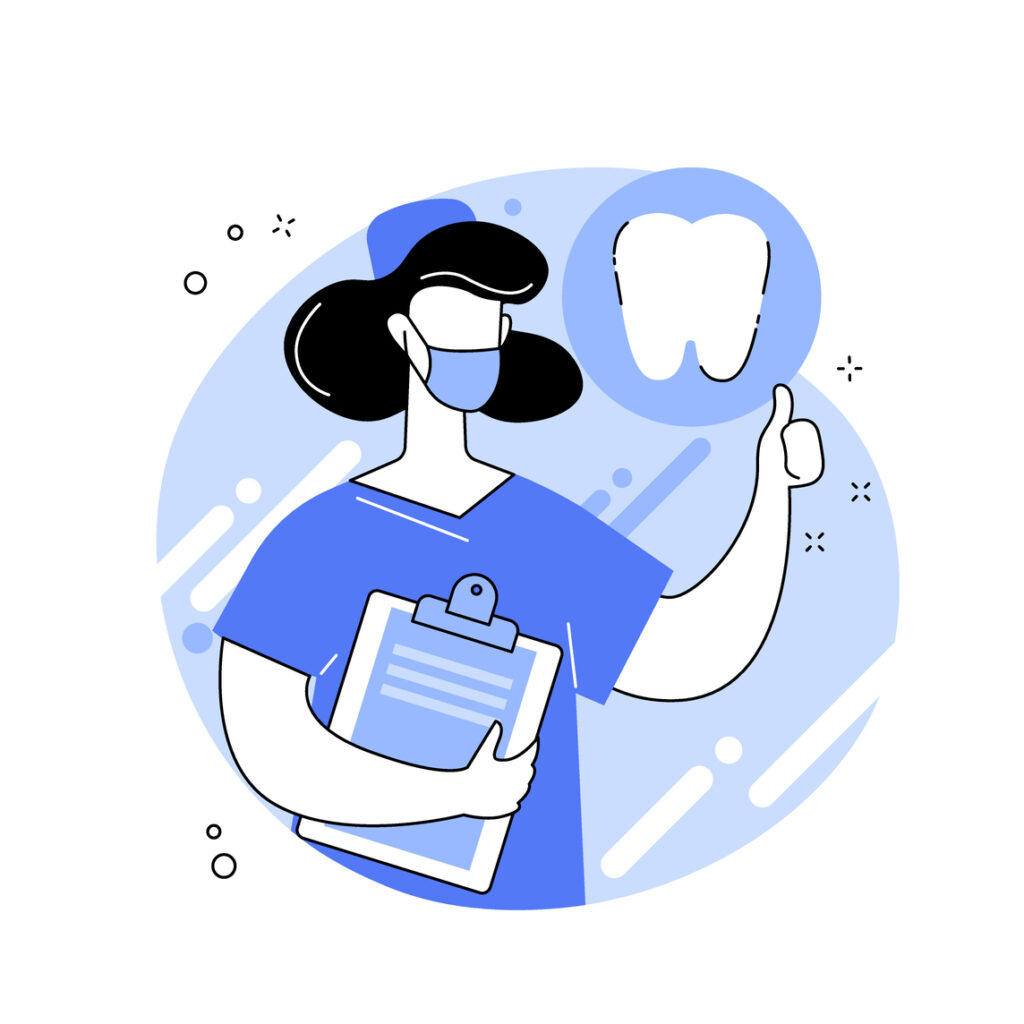 Illustration of a healthcare professional in blue scrubs, wearing a mask and holding a clipboard, giving a thumbs-up sign with a tooth icon in the background. The design features a light blue circular backdrop with abstract elements, perfect for promoting tips on how to get more reviews for your dental office.