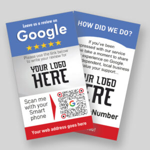 Two rectangular review cards from the "500 Google My Business Review Cards" set promote business reviews on Google. One card encourages users to leave a review and includes a QR code, a placeholder for a logo, and spaces for the business name and web address. The other card asks "How did we do?" and has similar placeholders.