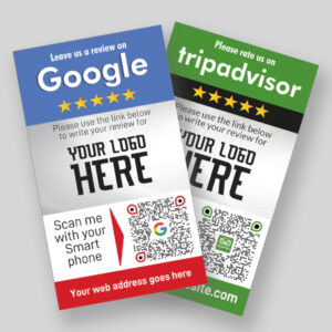 Two vertically aligned review cards encourage feedback, featuring a blue header for Google and a green header for TripAdvisor. Each card displays a QR code and text saying, "Please leave us a review on [platform]," alongside the respective platform logos and space for the company logo.