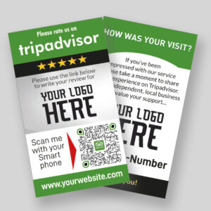 Two flyers promoting a business and requesting customer reviews on TripAdvisor. One flyer features a QR code for easy access to the review page and a request to rate the business. The other flyer invites feedback on the customer's visit and includes a website link.