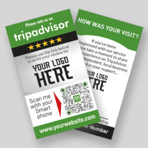 Two promotional cards asking for feedback on TripAdvisor. The cards feature various texts, including "Please rate us on TripAdvisor," "How was your visit?" and a QR code with the prompt "Scan me with your smartphone." Both cards display areas for a logo and website.