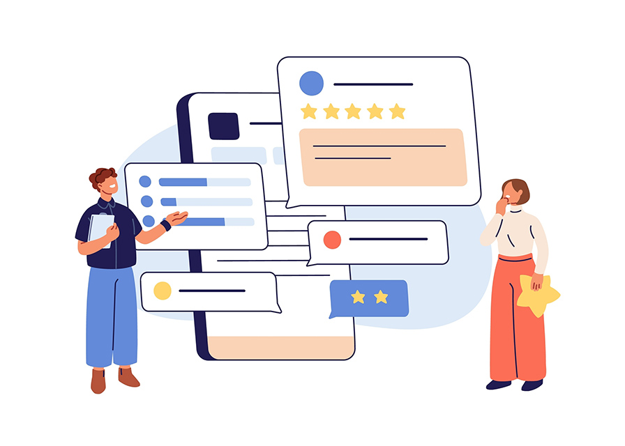 Illustration of two people interacting with various digital chat and rating bubbles, representing online communication and feedback. One person is holding a tablet and gesturing while asking, "How do you ask a customer for a review?" The other is standing thoughtfully, holding a star-shaped pillow.