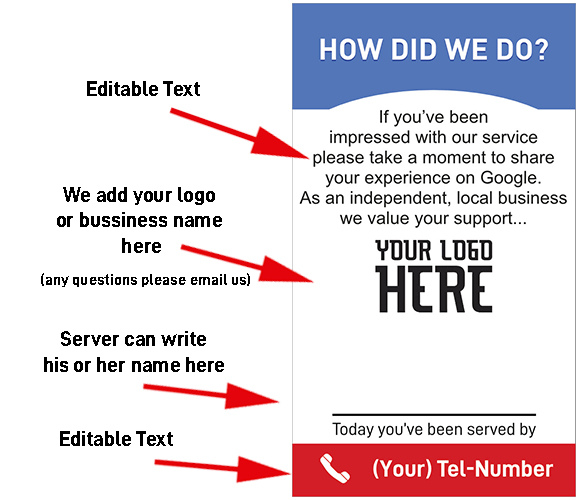 A feedback card with the heading "HOW DID WE DO?" It includes space for adding a logo, business name, server's name, and other editable text. There's an instruction for customers to share their experience on Google. At the bottom, there's a placeholder for a telephone number.