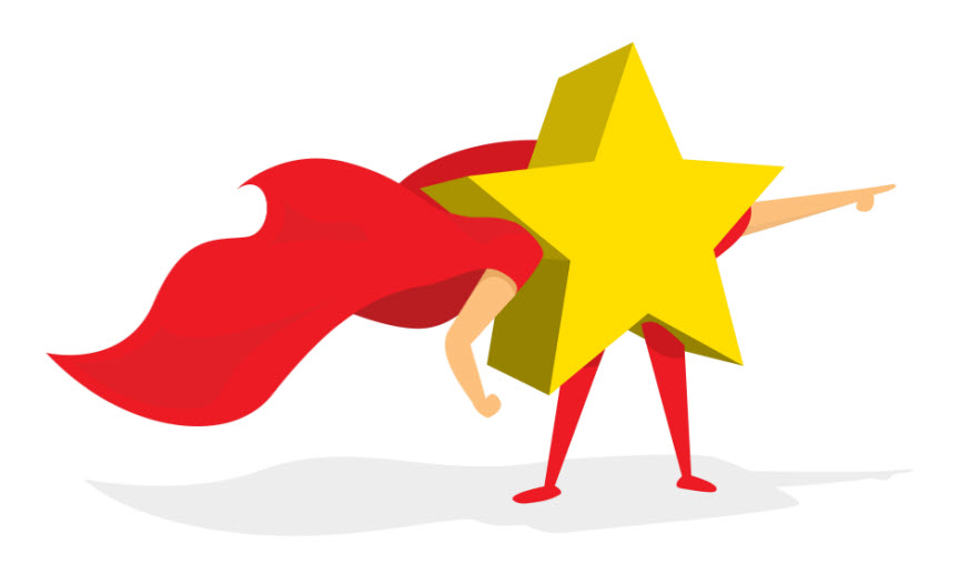 A cartoon character shaped like a yellow star, wearing a red cape, red leggings, and red shoes, stands confidently with one arm extended and pointing forward. The character exudes a superhero vibe against a plain white background, pondering if your business should opt for an open or closed review platform.