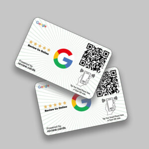 Two business cards display a Google review prompt with a five-star rating system, the Google logo, and a QR code. The cards instruct users to "Review Us Online" and "Tap Your Smart Phone Here or Scan QR Code," powered by Google Classic Smart Review Cards. The background is light gray.