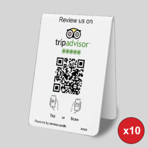 A 10 TripAdvisor Tap or Scan Table Tents invites customers to review a business on TripAdvisor. The card features the TripAdvisor logo with five green circles below it, a QR code, and instructions to "Tap or Scan" with images of hands holding smartphones. A red "x10" icon is visible in the corner.