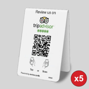 A table tent card displaying a TripAdvisor review request. The card features the TripAdvisor logo, a QR code for easy access, and instructions to "tap or scan" with a smartphone. A red icon in the corner indicates a quantity of five cards. These 5 TripAdvisor Tap or Scan Table Tents make feedback seamless and engaging.