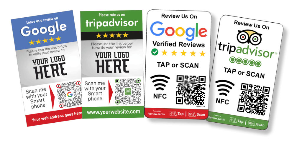 The image displays four review cards prompting customers to leave feedback on platforms like Google, TripAdvisor, and Google Verified Reviews. Each card boasts a QR code and NFC (Near Field Communication) feature for easy access to the review pages.