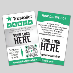 Introducing our 500 Trustpilot Review Cards! The left card showcases a prominent Trustpilot logo, five vibrant green stars, and a QR code with the prompts “Please scan the QR code below to leave a review” and "Scan me with your smartphone." The right card inquires "How did we do?" and encourages feedback, offering space for your own logo and telephone number. These cards are perfect for gathering Trustpilot reviews!