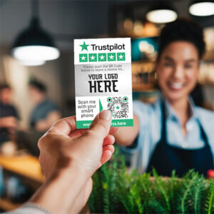 A person holds up one of the 500 Trustpilot Review Cards in focus, displaying a QR code for scanning and instructions for leaving a review. In the background, a smiling individual wearing an apron is slightly blurred, standing in what appears to be a cafe or restaurant setting.