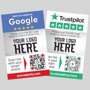 The 2000 Google Trustpilot Review Cards include two promotional designs for encouraging reviews on Google and Trustpilot, also compatible with Tripadvisor. Each card features a QR code, space for a logo, and displays five stars alongside a web address placeholder. The cards come in blue for Google and green for Trustpilot.