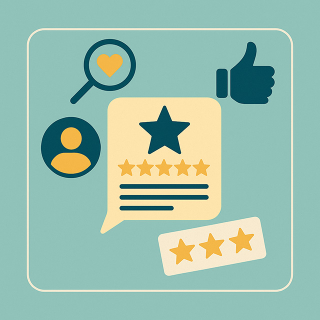 Illustration showing a speech bubble with a star and five-star rating, a magnifying glass with a heart, a thumbs up, a user icon, and a sticker with three stars—capturing the essence of positive online reviews on a blue background.