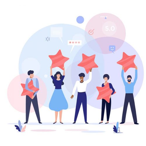 Illustration of five people holding red star shapes, symbolizing positive reviews or ratings. They stand on a white background with various icons such as speech bubbles, hearts, and ratings visible in light, colorful bubbles behind them. The mood is cheerful and celebratory.
